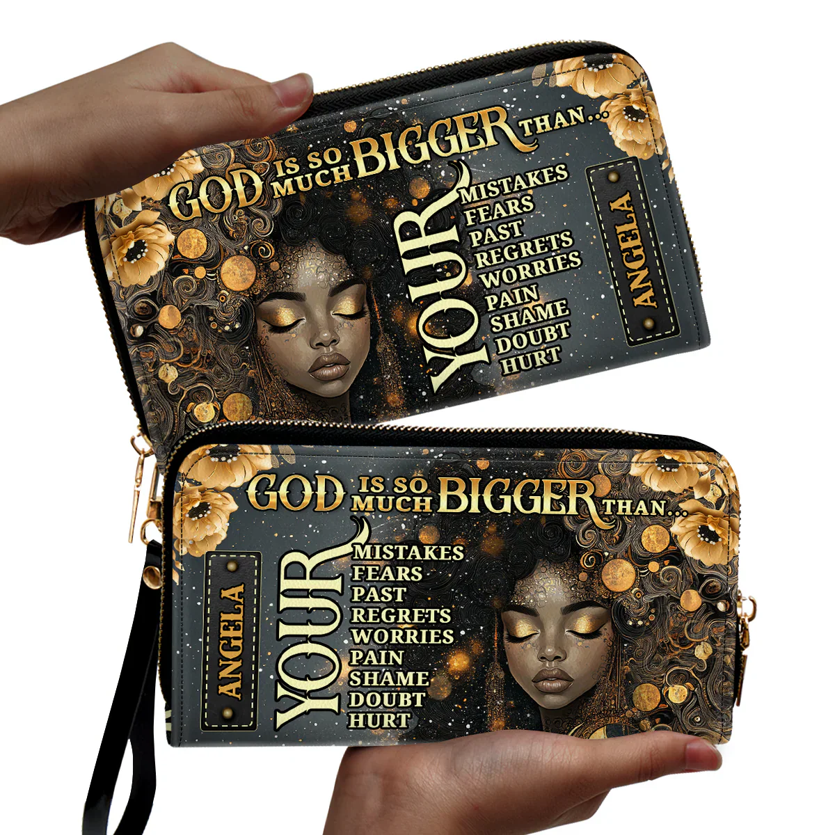 God Is So Much Bigger - Personalized Christian Art Leather Clutch Purse - Gift For Black Women