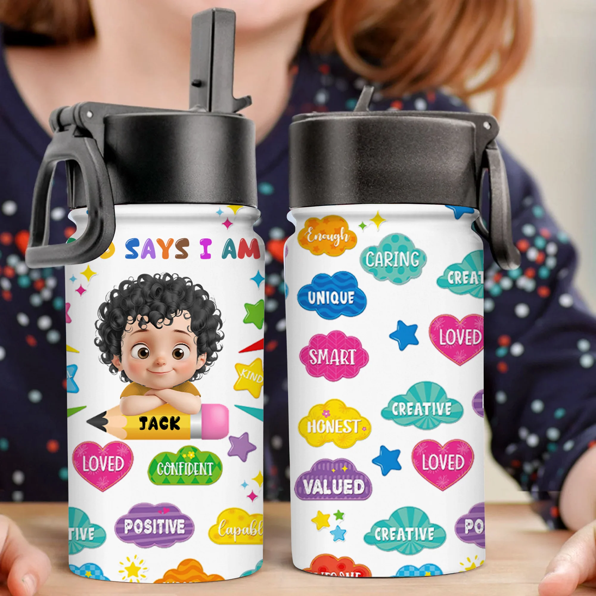 God Says I Am Affirmation Station - Personalized Kid Water Bottle - Back To School Gift For Kids | GR26. TD118 - Image 3