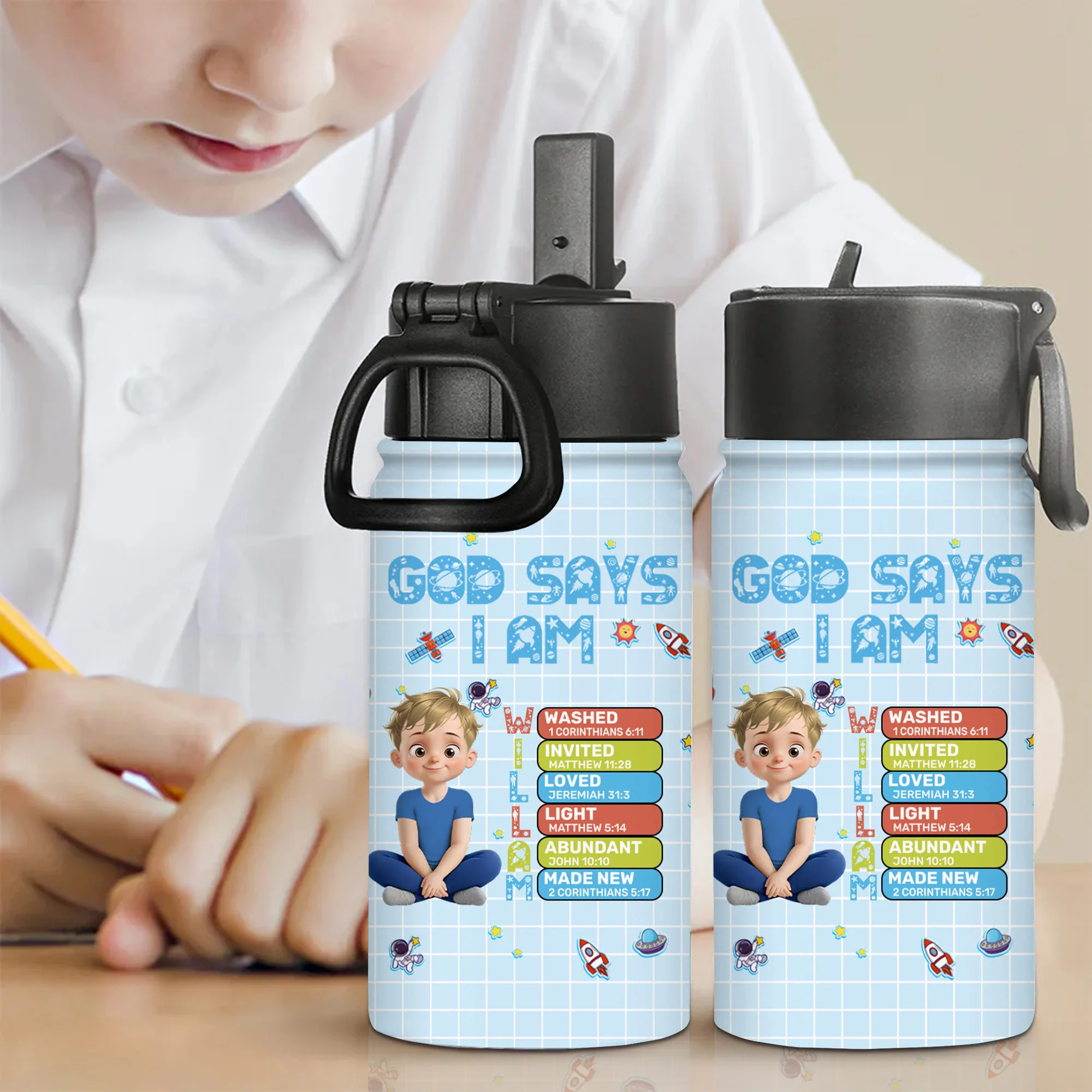 God Says I Am Custom Name - Personalized Kid Water Bottle - First Day Of School Gift For Kids | GR25 TD118 - Image 2
