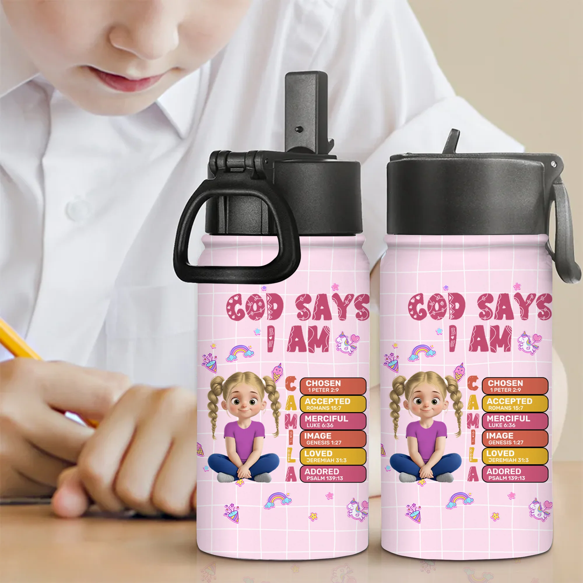 God Says I Am Custom Name - Personalized Kid Water Bottle - First Day Of School Gift For Kids | GR25 TD118 - Image 5