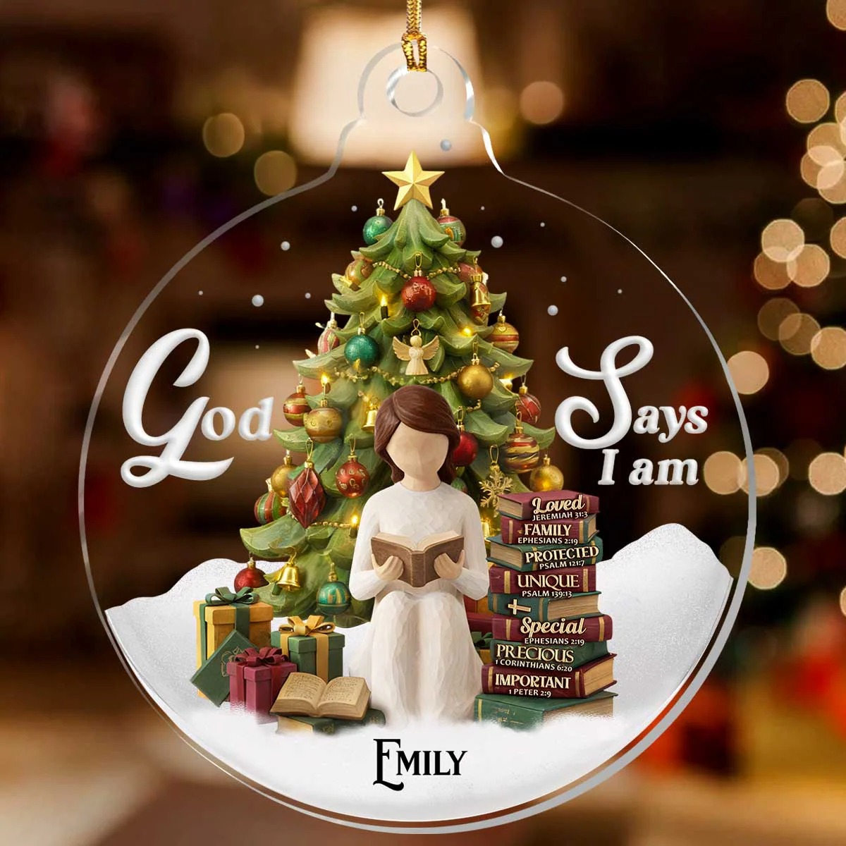 God Says I Am Reading Next To Christmas Tree - Personalized 1-Layer Acrylic Ornament HL128