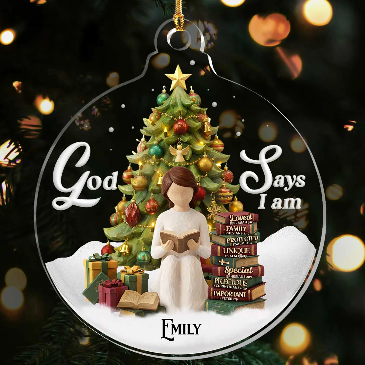 God Says I Am Reading Next To Christmas Tree - Personalized 1-Layer Acrylic Ornament HL128 - Image 2