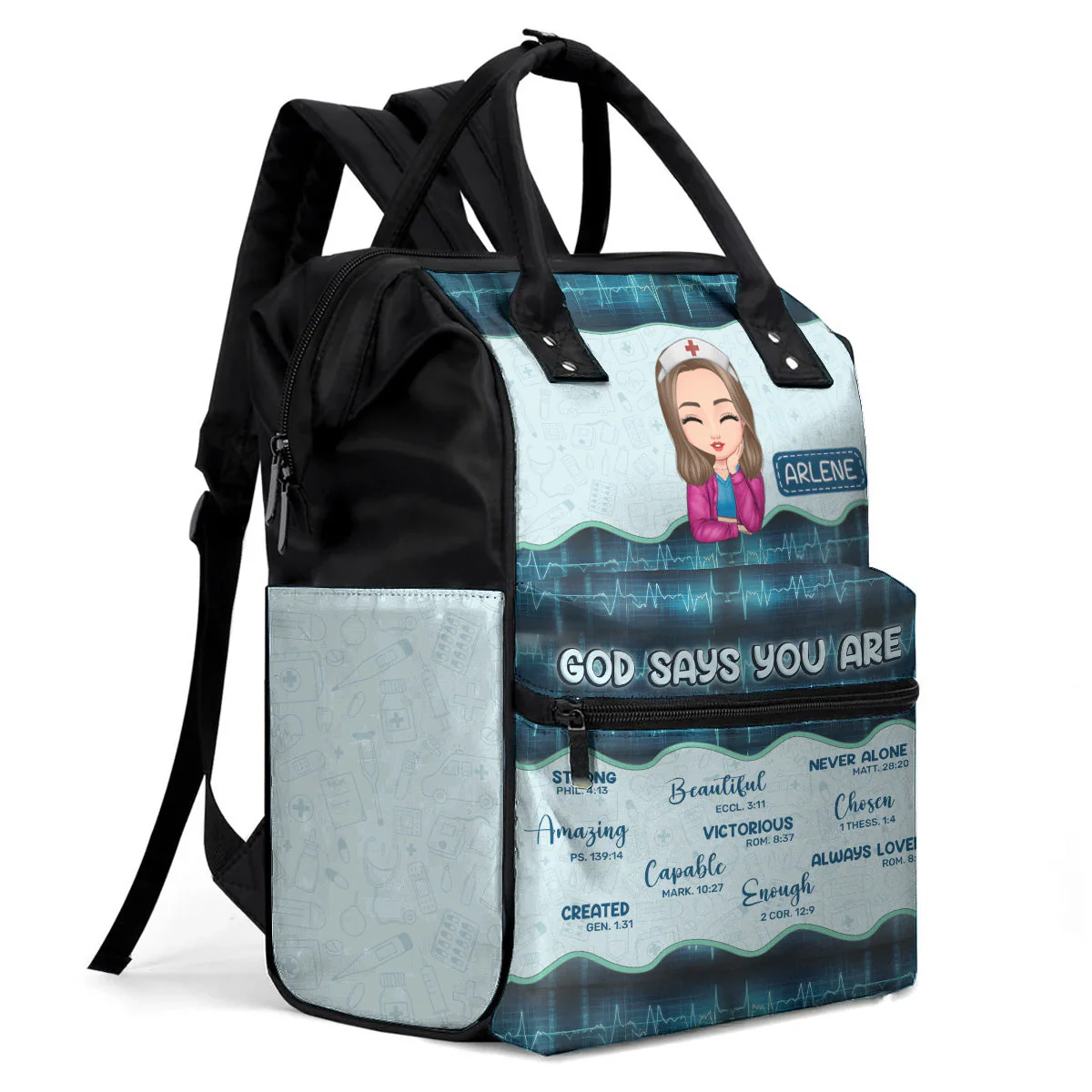 God Says You Are Strong & Capable - Personalized Duckbilled Backpack - Gift For Nurse, Her - Image 2