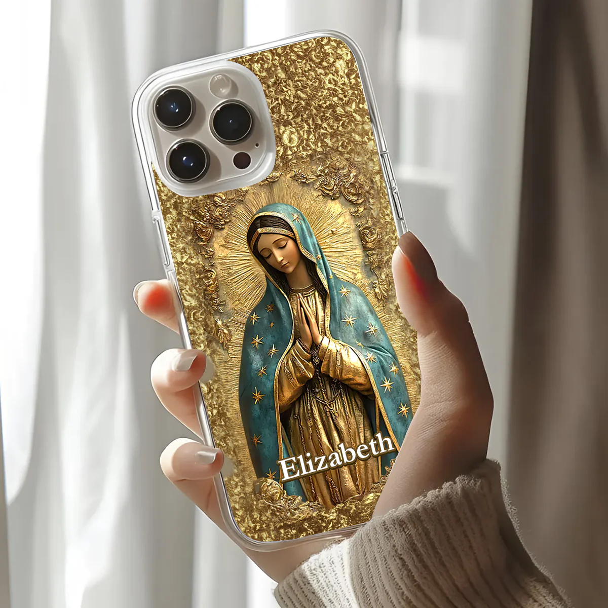 Gold Blessed Virgin Mary -Personalized Phone Case - Christian Gift BA01 - Image 3