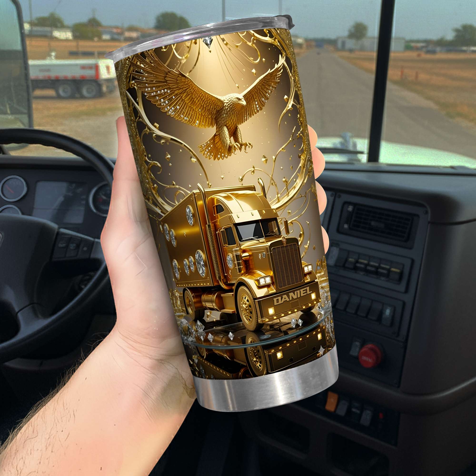 Gold Semi Truck - Personalized Stainless Steel Tumbler - Gift For Dad, Truck Drivers