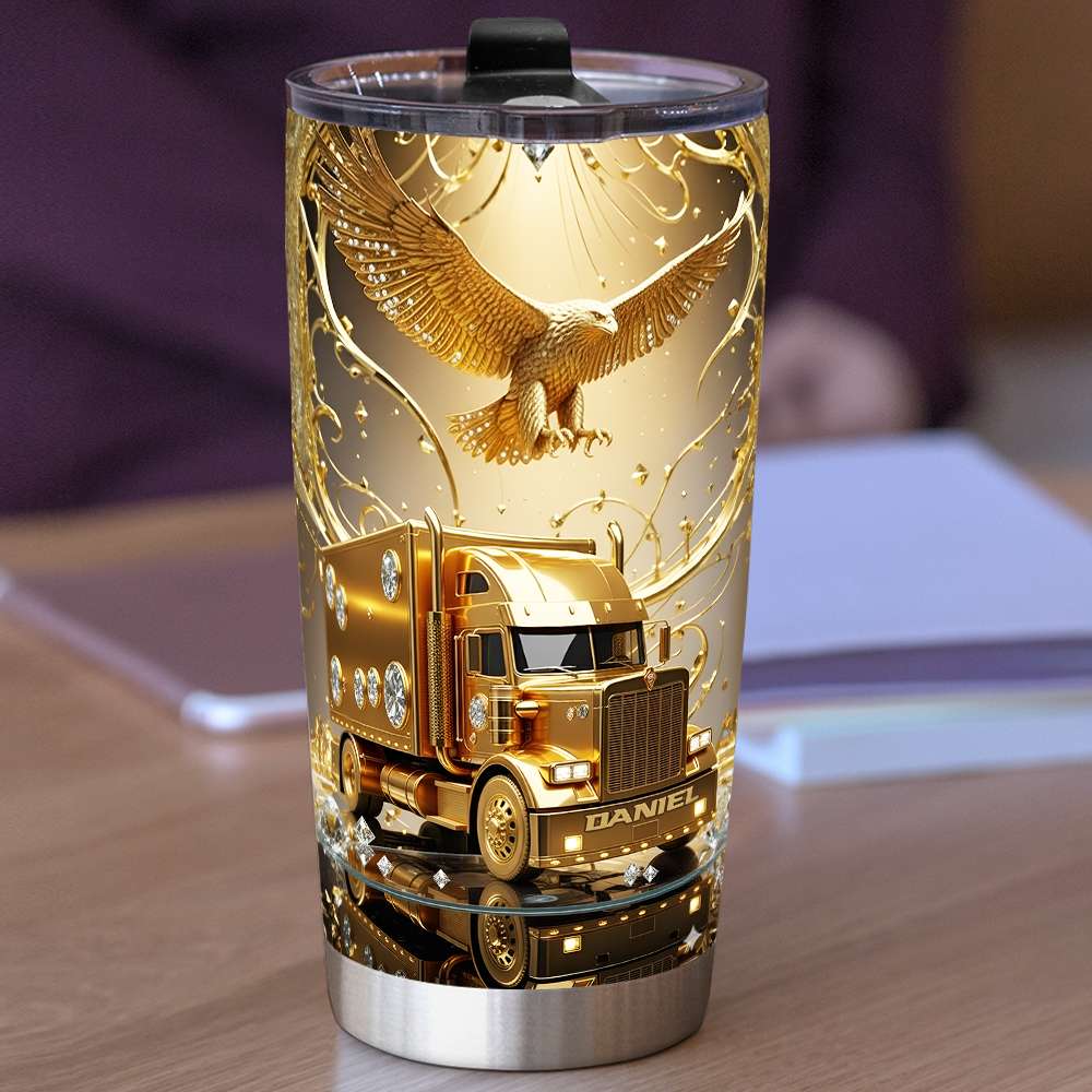 Gold Semi Truck - Personalized Stainless Steel Tumbler - Gift For Dad, Truck Drivers - Image 2