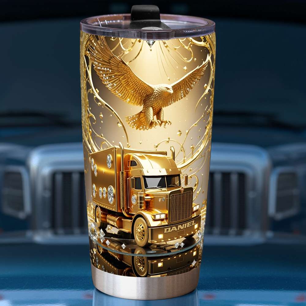 Gold Semi Truck - Personalized Stainless Steel Tumbler - Gift For Dad, Truck Drivers - Image 3