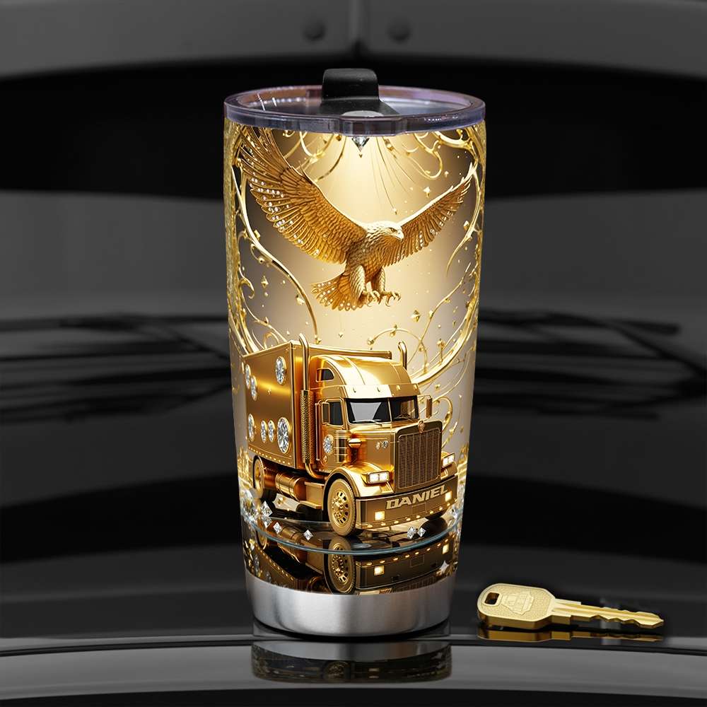 Gold Semi Truck - Personalized Stainless Steel Tumbler - Gift For Dad, Truck Drivers - Image 4
