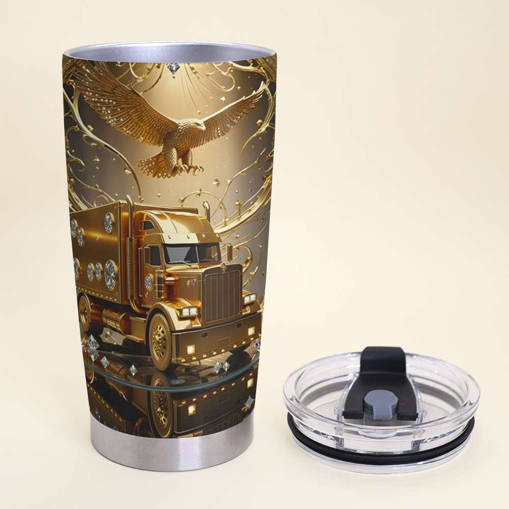 Gold Semi Truck - Personalized Stainless Steel Tumbler - Gift For Dad, Truck Drivers - Image 5