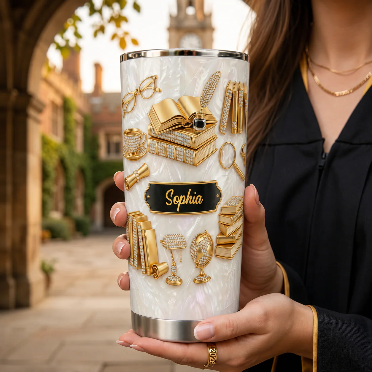 Golden Books And Quill - Personalized Stainless Steel Tumbler - Gift For Teacher, Book Lovers