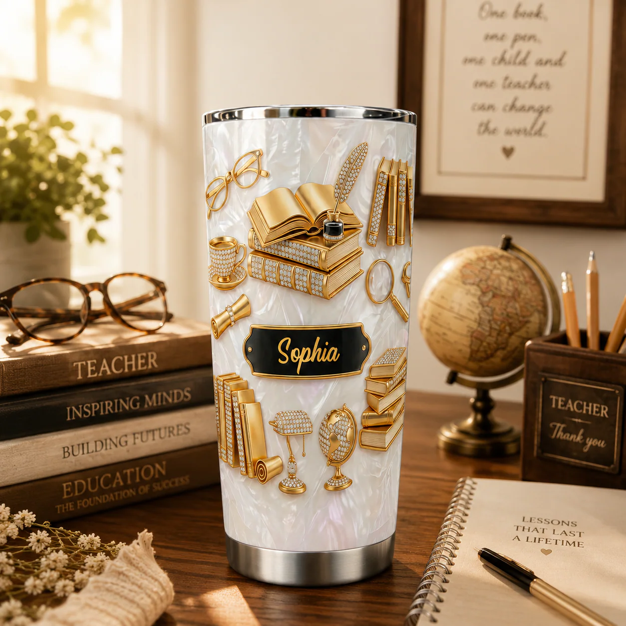 Golden Books And Quill - Personalized Stainless Steel Tumbler - Gift For Teacher, Book Lovers - Image 2