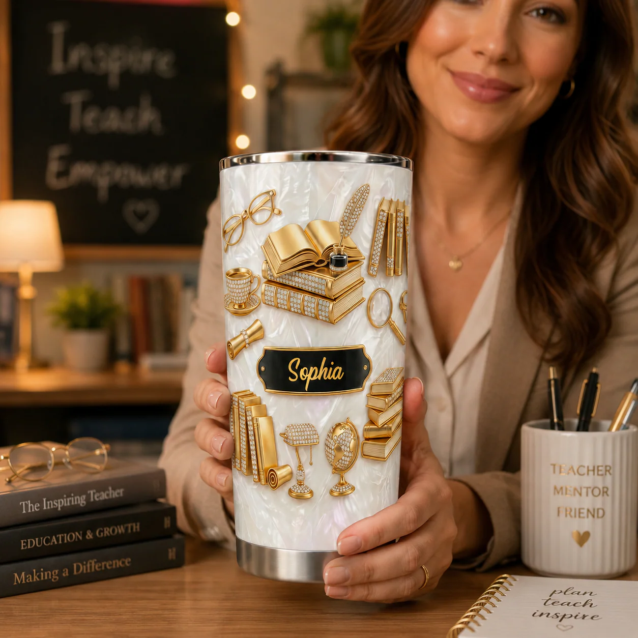 Golden Books And Quill - Personalized Stainless Steel Tumbler - Gift For Teacher, Book Lovers - Image 4