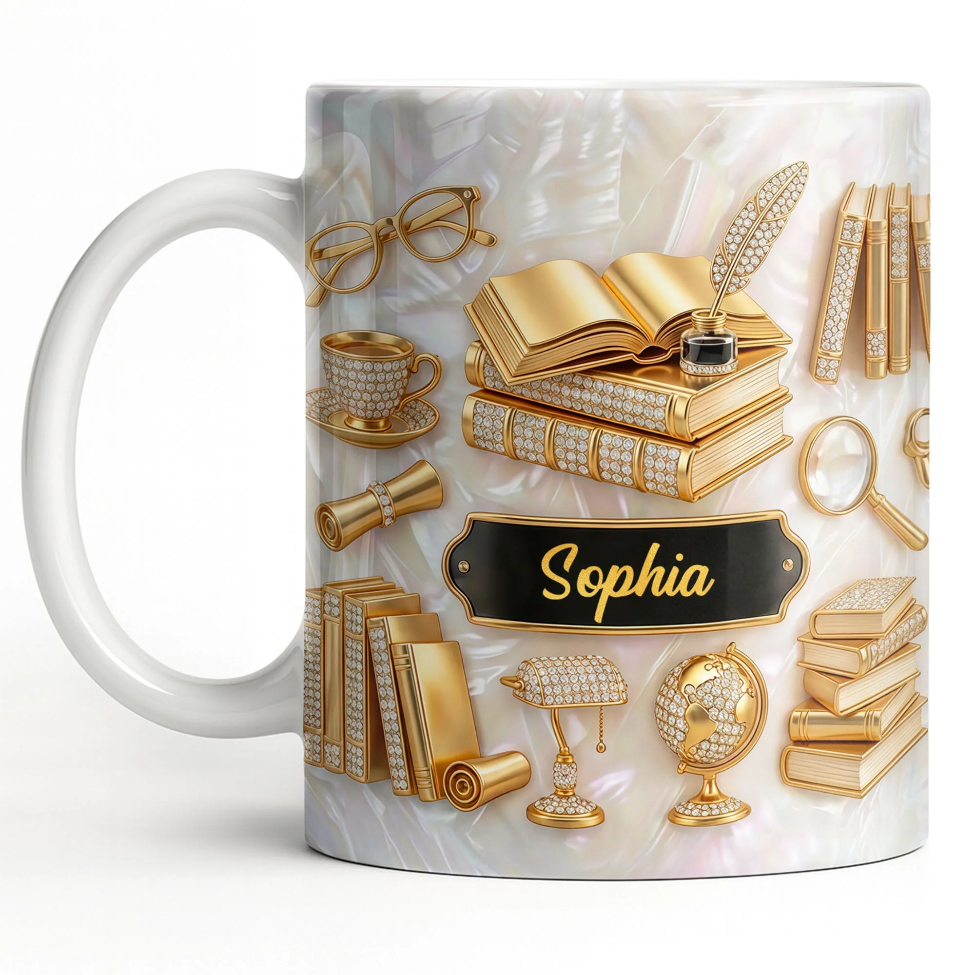 Golden Books And Quill - Personalized White Ceramic Mug - Gift For Teacher, Book Lovers - Image 10