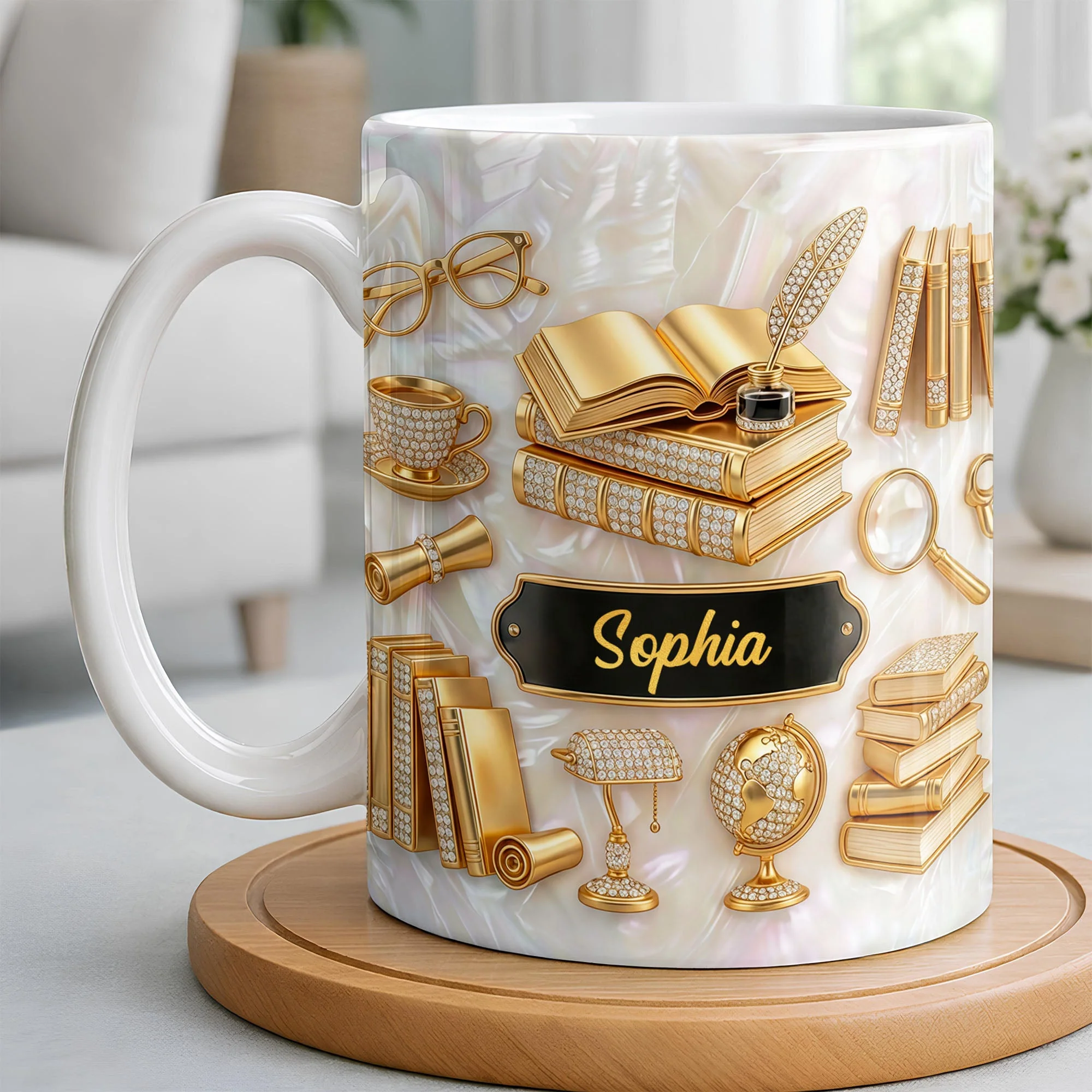 Golden Books And Quill - Personalized White Ceramic Mug - Gift For Teacher, Book Lovers - Image 2