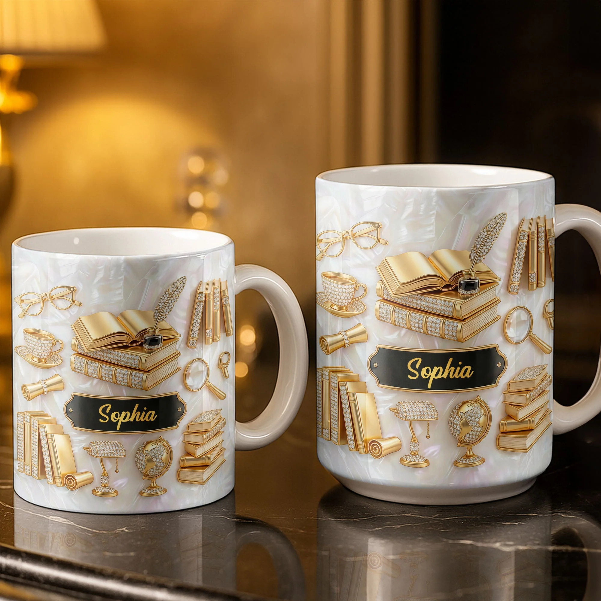 Golden Books And Quill - Personalized White Ceramic Mug - Gift For Teacher, Book Lovers - Image 3