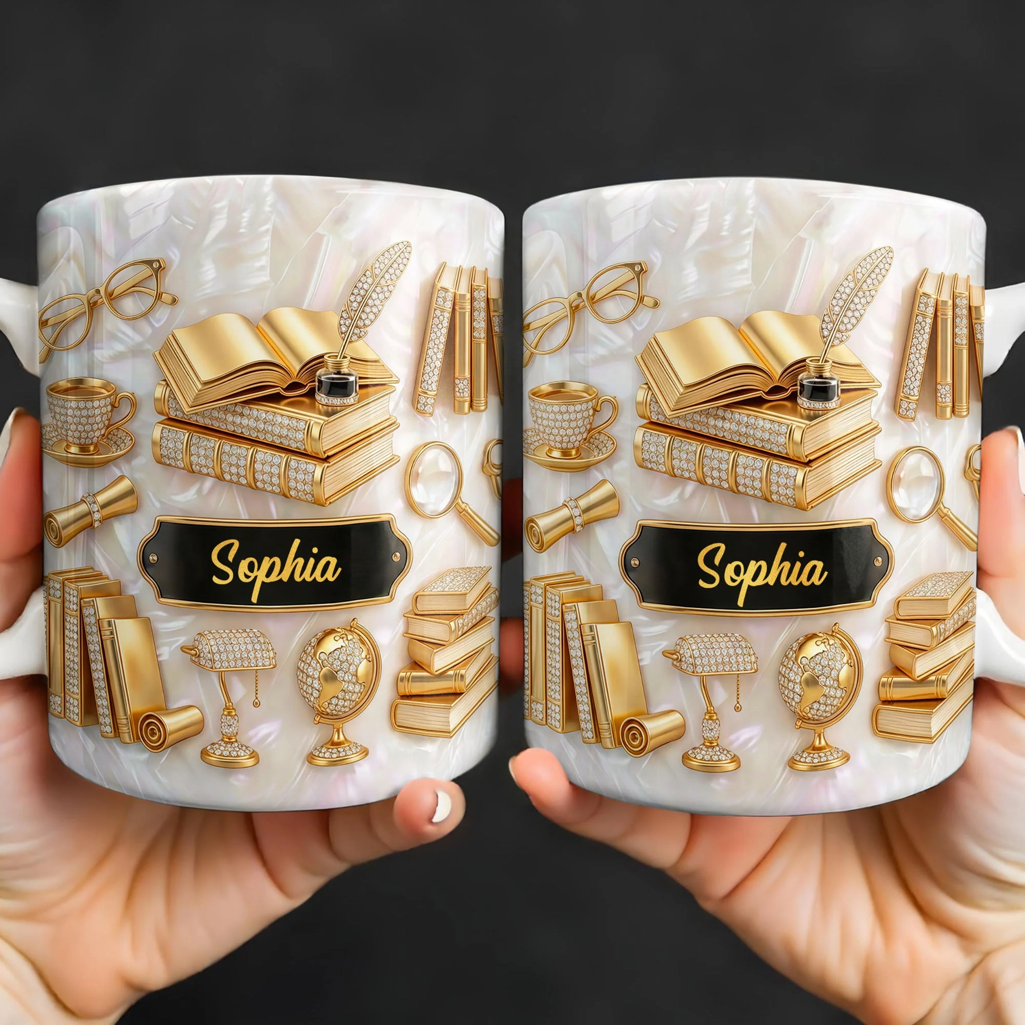 Golden Books And Quill - Personalized White Ceramic Mug - Gift For Teacher, Book Lovers - Image 4