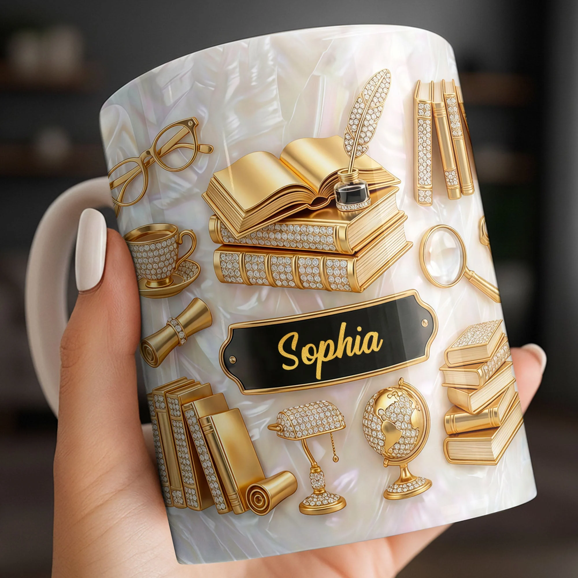 Golden Books And Quill - Personalized White Ceramic Mug - Gift For Teacher, Book Lovers - Image 5