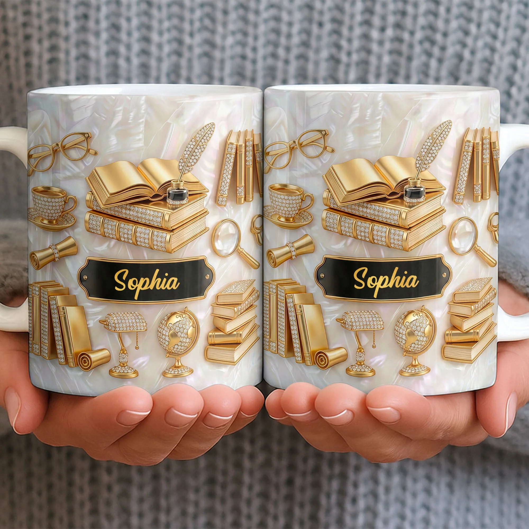 Golden Books And Quill - Personalized White Ceramic Mug - Gift For Teacher, Book Lovers - Image 6