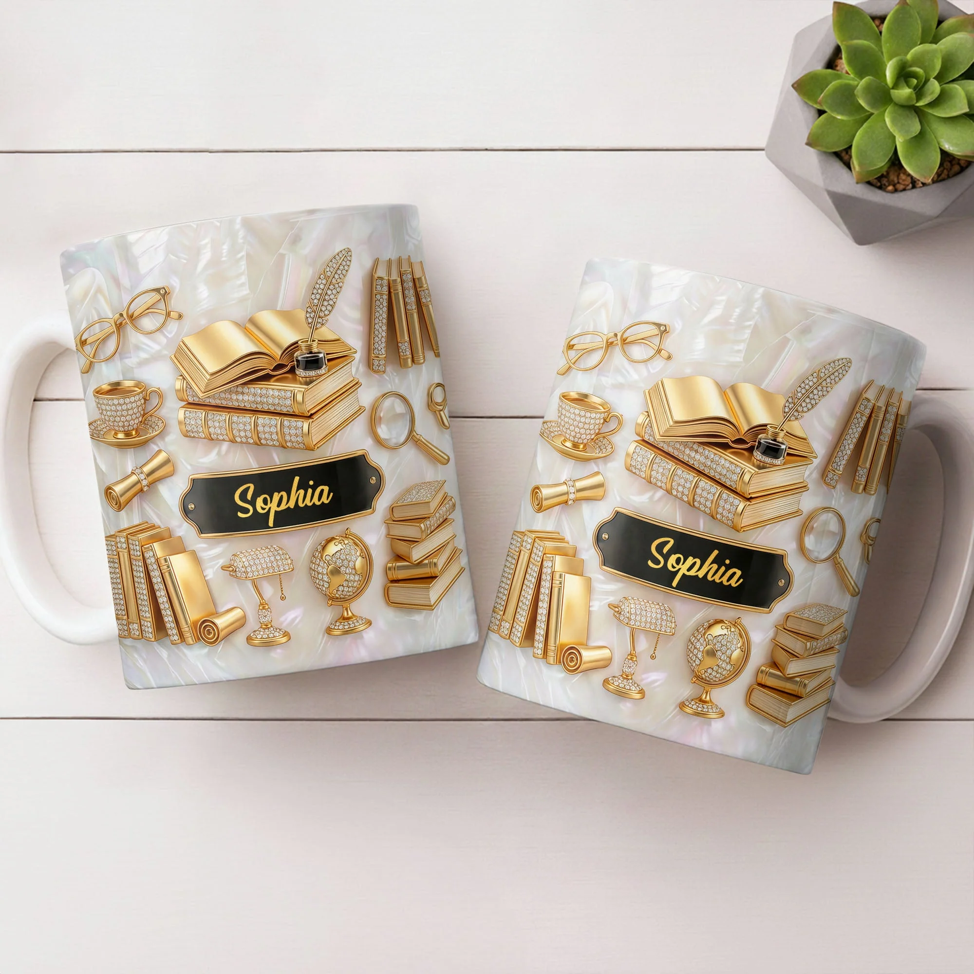 Golden Books And Quill - Personalized White Ceramic Mug - Gift For Teacher, Book Lovers - Image 7