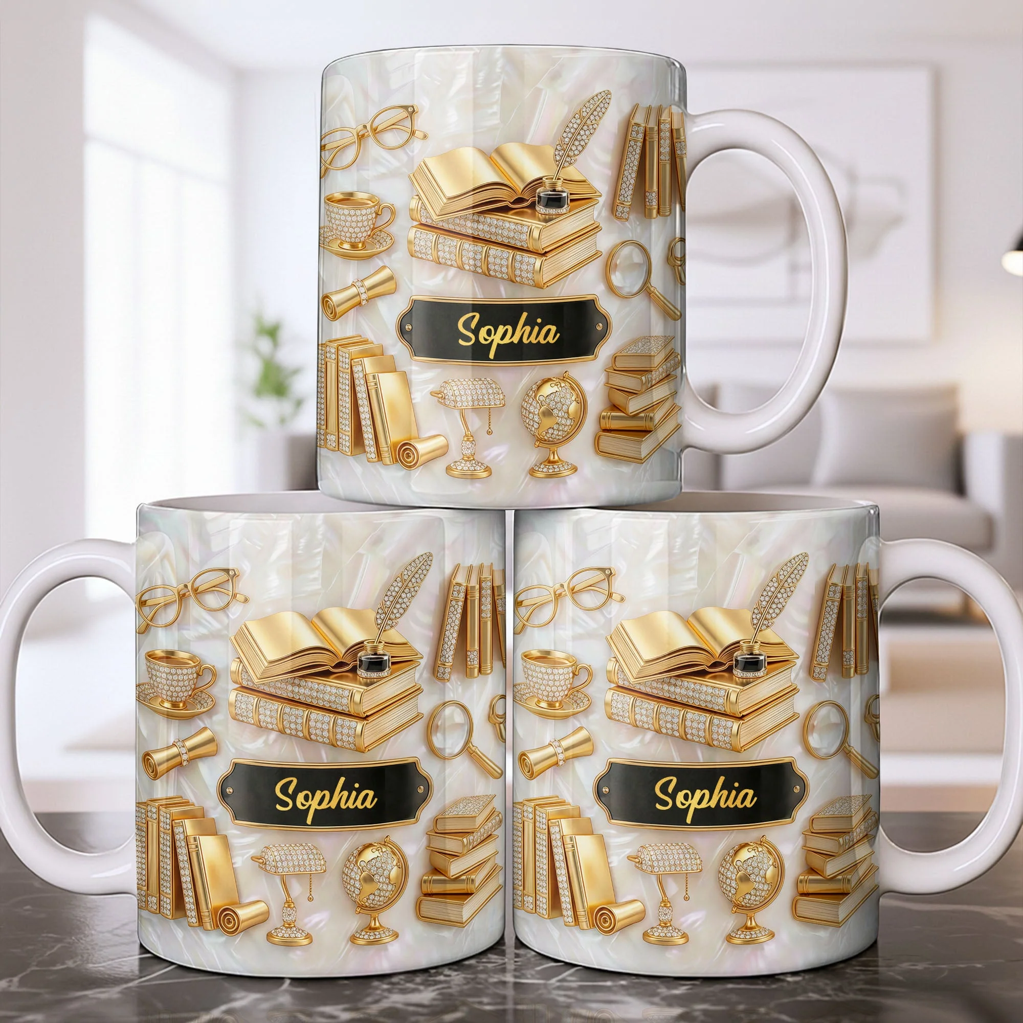 Golden Books And Quill - Personalized White Ceramic Mug - Gift For Teacher, Book Lovers - Image 8