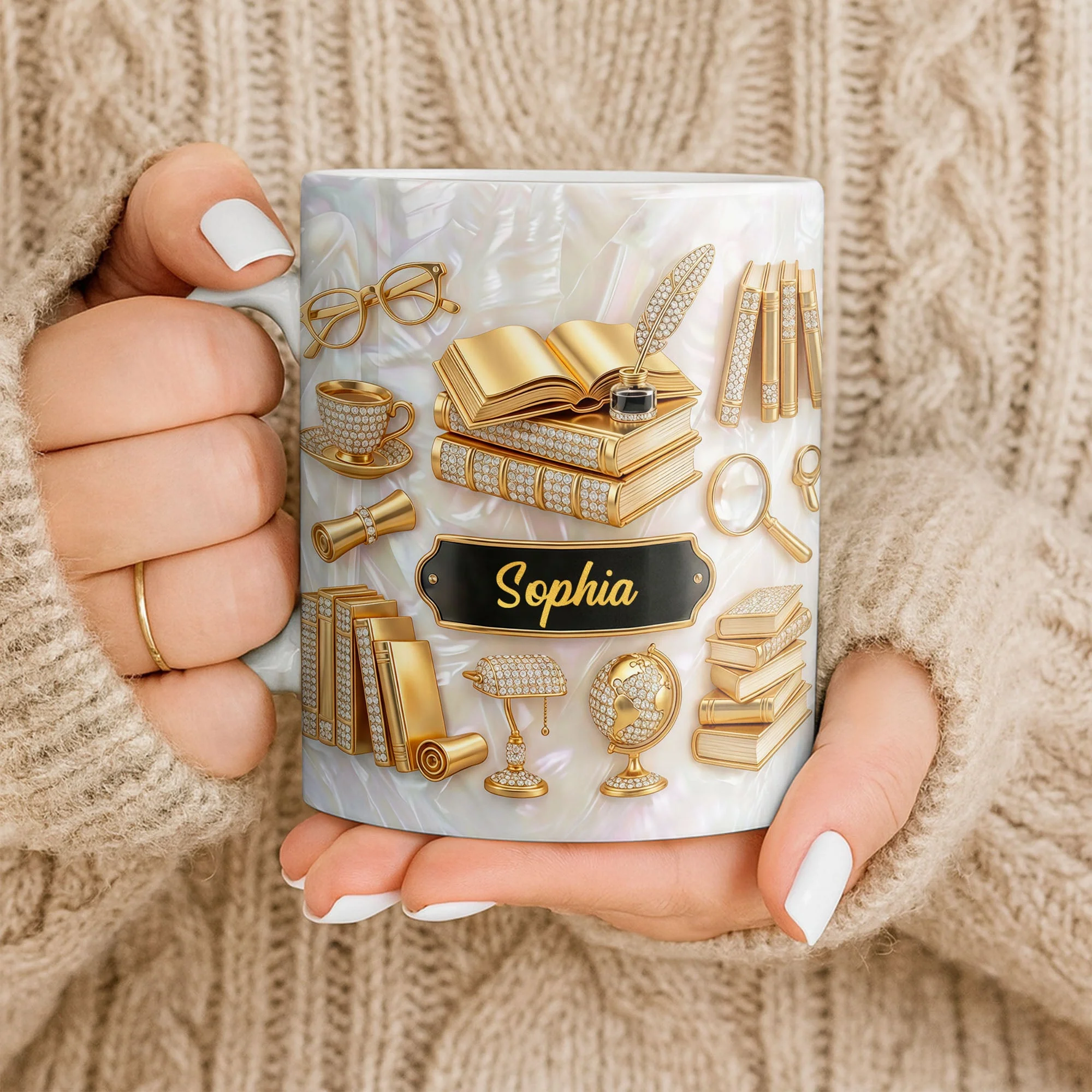 Golden Books And Quill - Personalized White Ceramic Mug - Gift For Teacher, Book Lovers - Image 9