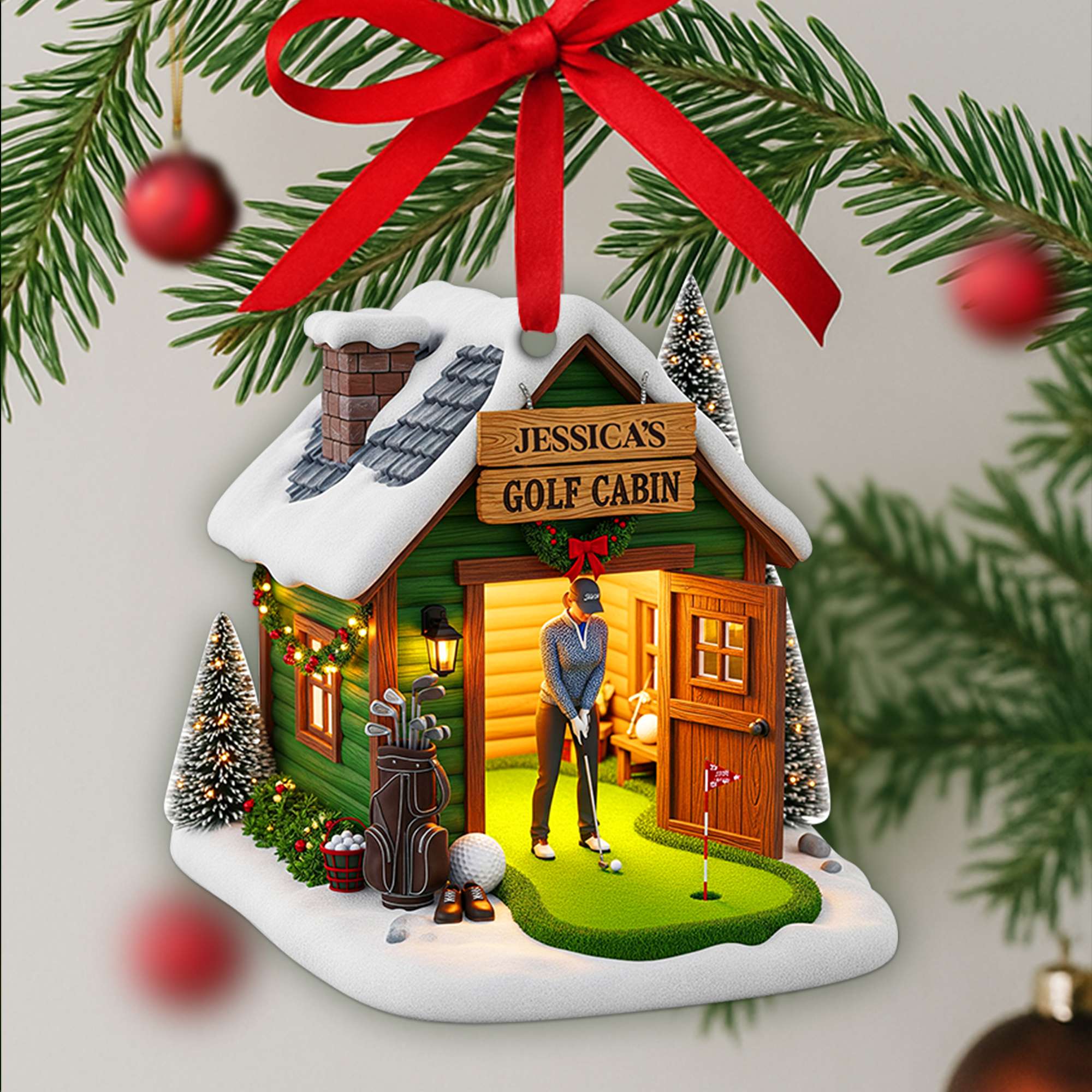Golf Cabin Christmas - Personalized Acrylic Ornament - Gifts For Golf Lovers