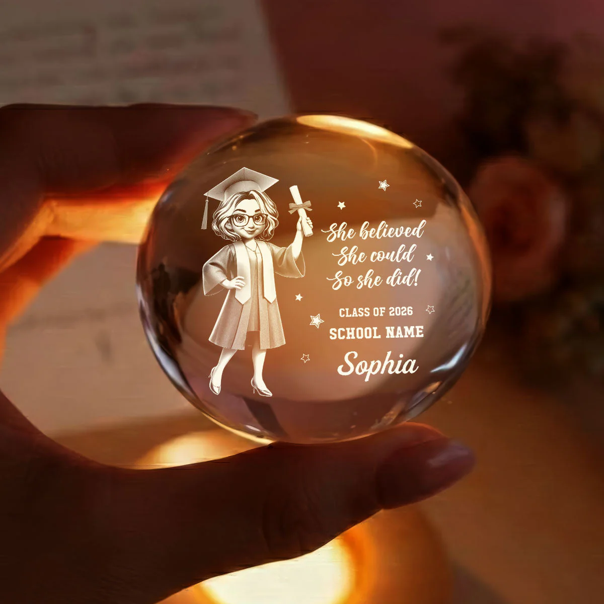 Graduation Senior She Believed She Could So She Did It Class Of 2026 - Personalized Crystal Globe Lamp - Gift For Graduates - Image 3