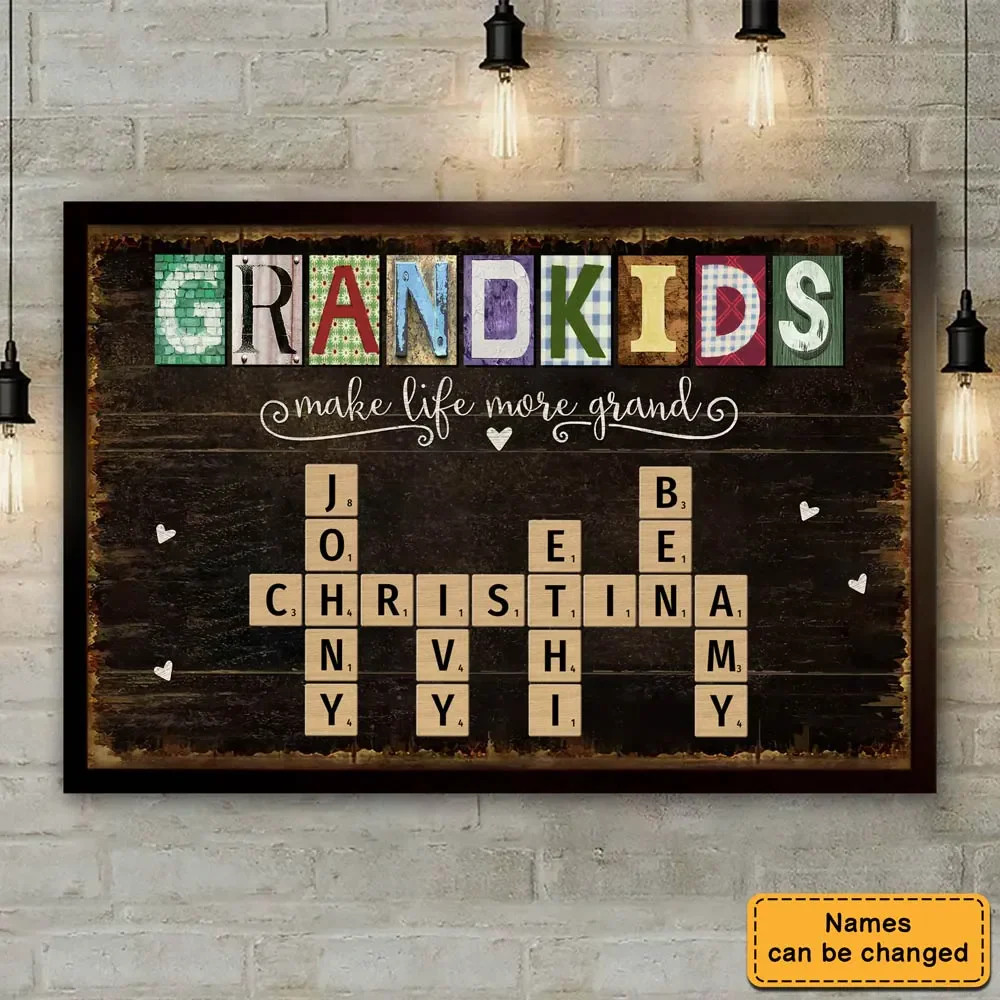 Grandkids Crossword Wall Art With Names - Personalized Canvas Poster - Gift For Grandma, Family Members