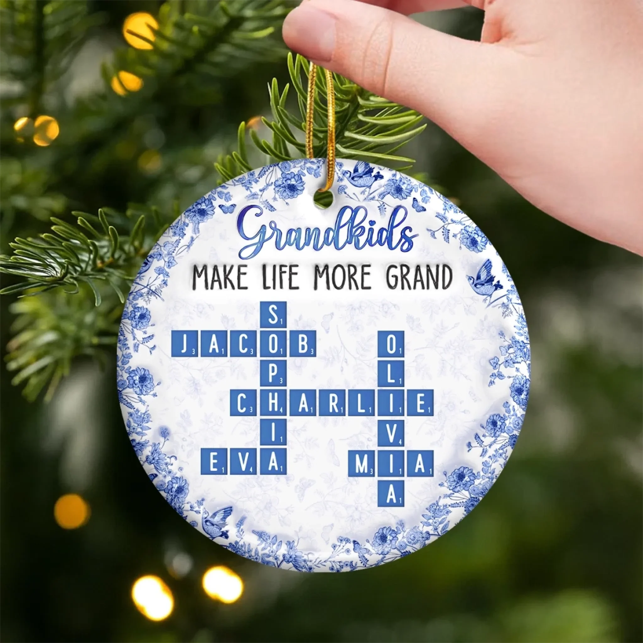 Grandkids Make Life More Grand - Personalized Scrabble Ceramic Ornament - Christmas Gift For Grandpa, Grandma HH01 - Image 3