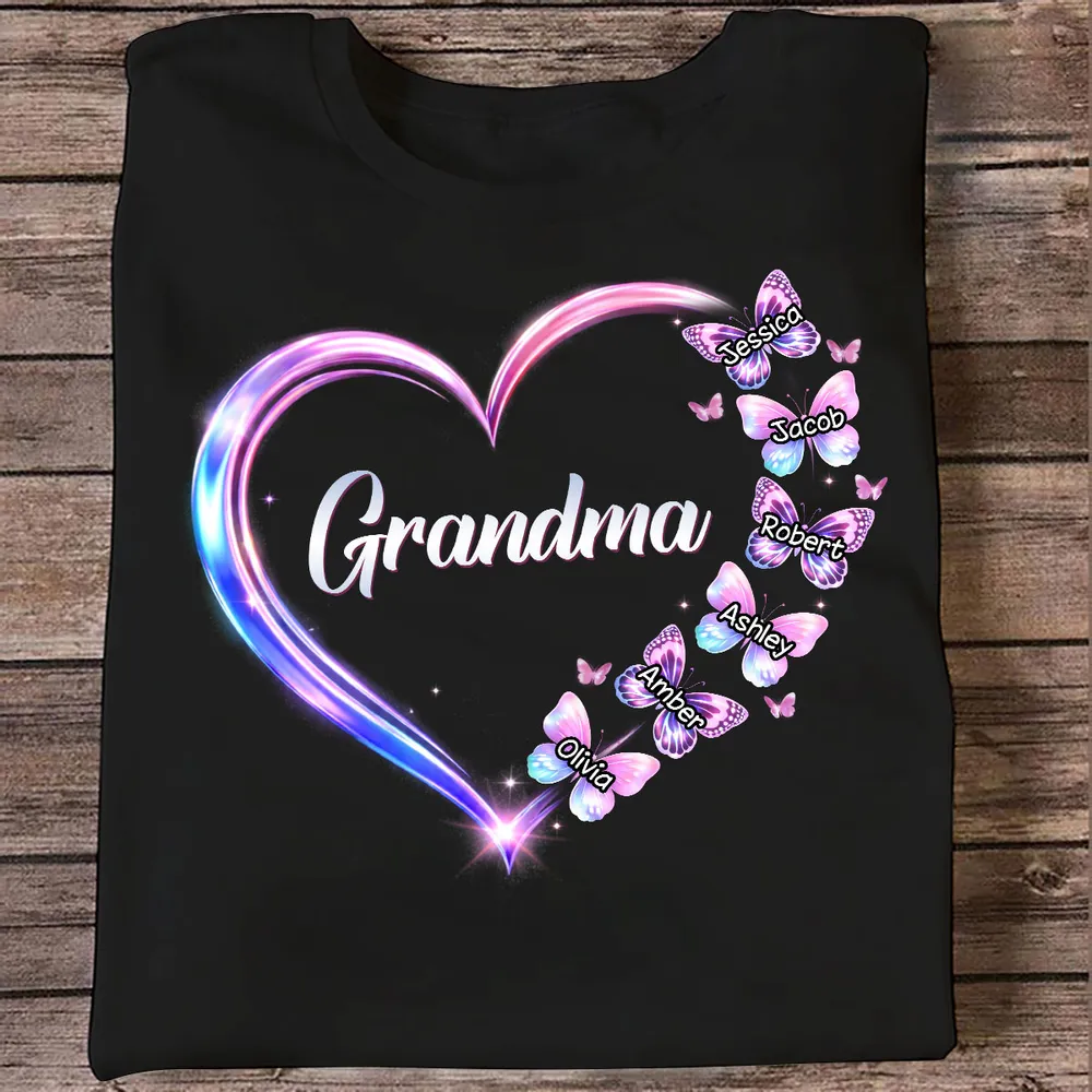 Grandma Mom Butterfly Heart with Kids' Names - Personalized Shirt - Gift For Mom, Grandma HN02