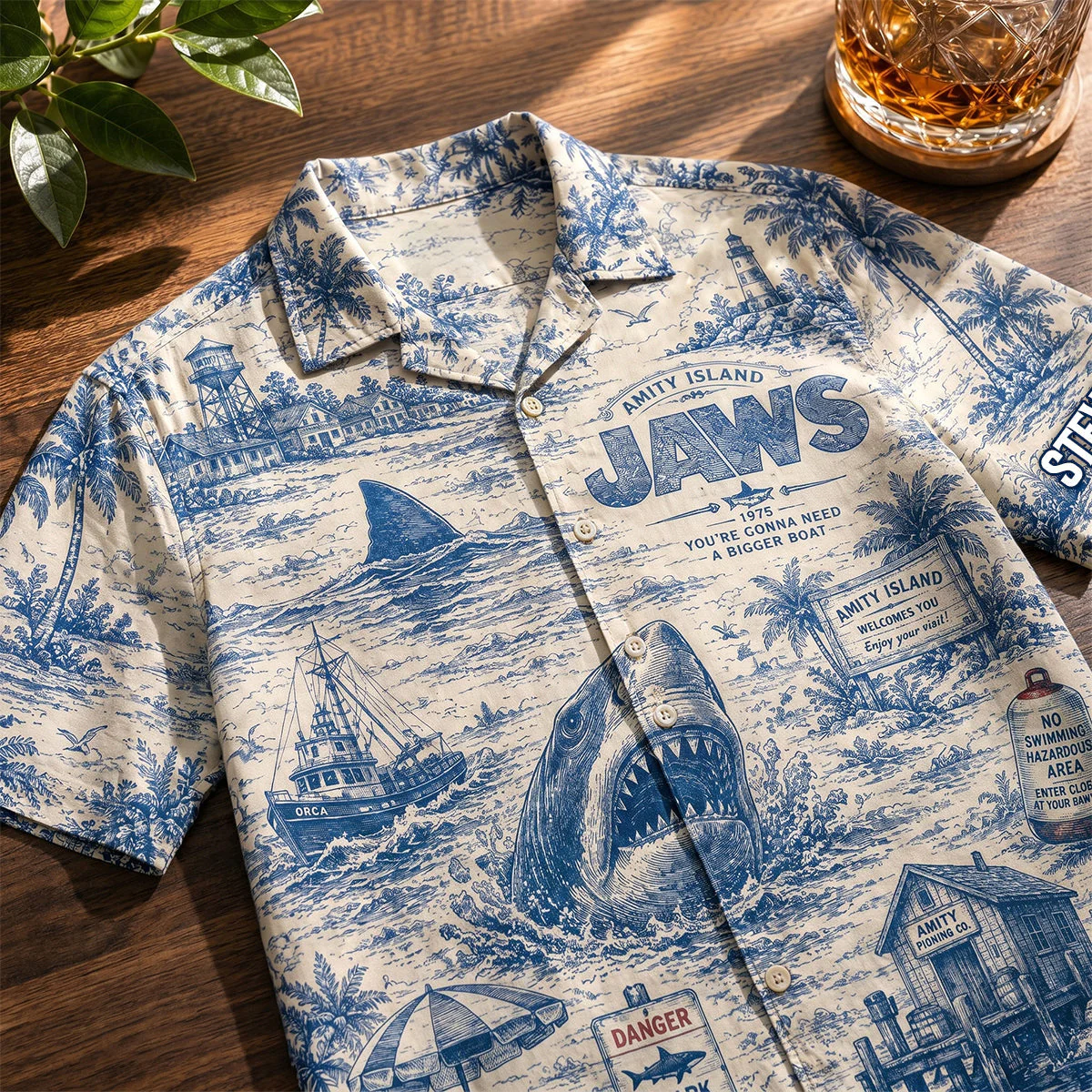 Great Shark Attack Blue Ocean Horror Island Toile De jouy  - Hawaiian Shirt