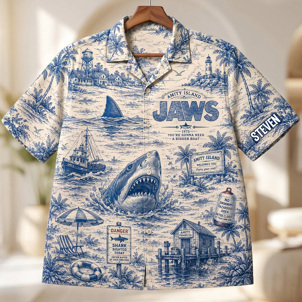 Great Shark Attack Blue Ocean Horror Island Toile De jouy  - Hawaiian Shirt - Image 2