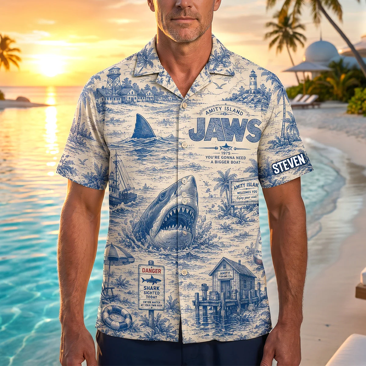 Great Shark Attack Blue Ocean Horror Island Toile De jouy  - Hawaiian Shirt - Image 3