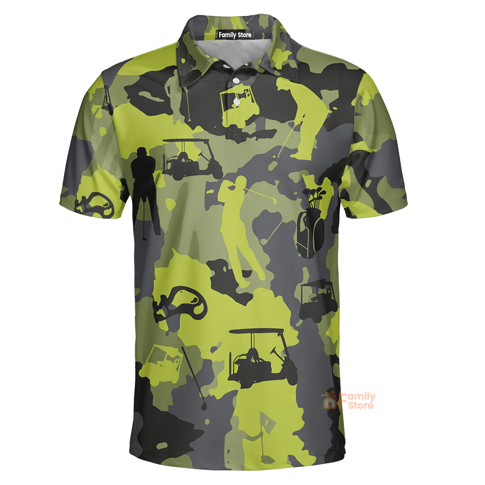 Green And Grey Camouflage, Military Streetwear, Camo Men Golf Polo Shirt