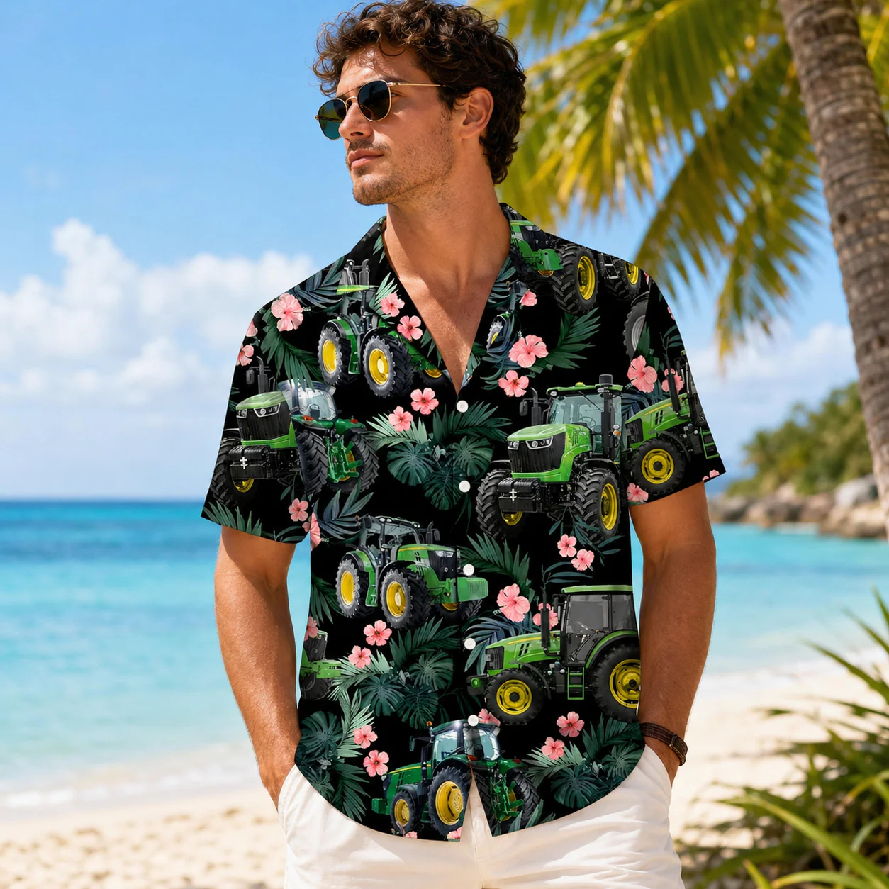 Green Tractor Tropical Floral Summer Beach - Hawaiian Shirt - Gift For Men, Dad, Farmer