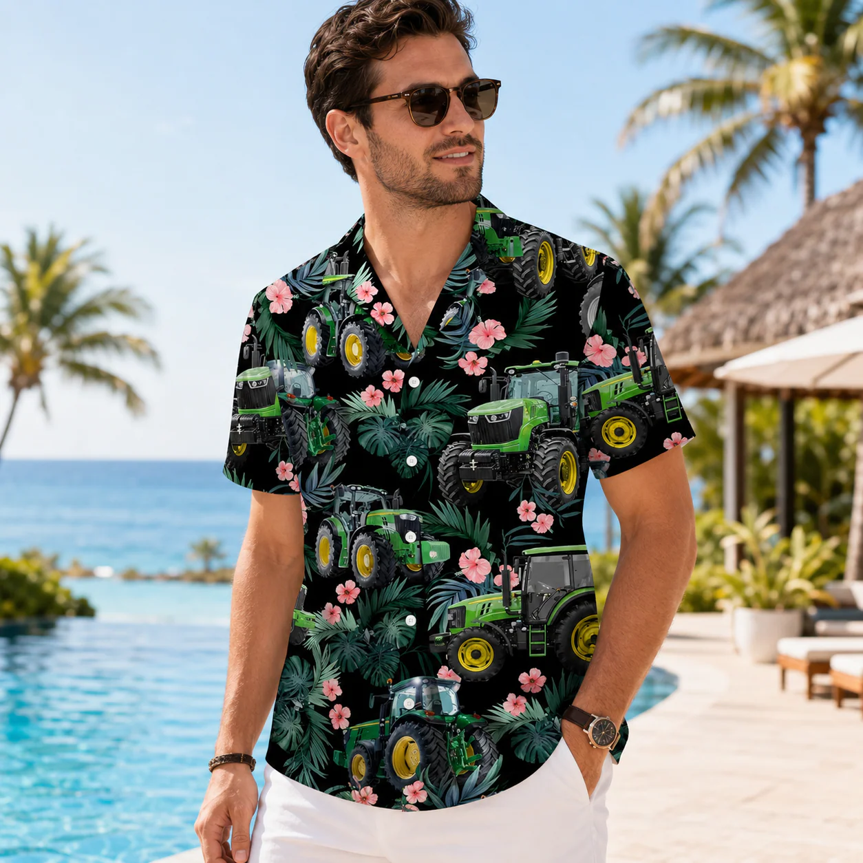 Green Tractor Tropical Floral Summer Beach - Hawaiian Shirt - Gift For Men, Dad, Farmer - Image 2