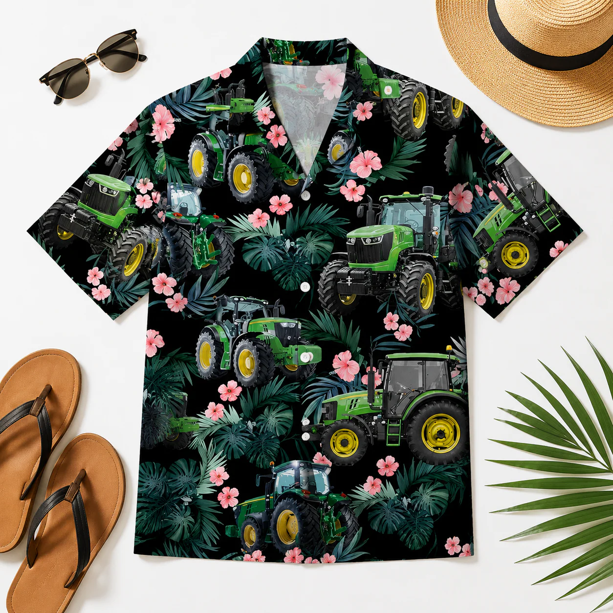 Green Tractor Tropical Floral Summer Beach - Hawaiian Shirt - Gift For Men, Dad, Farmer - Image 3