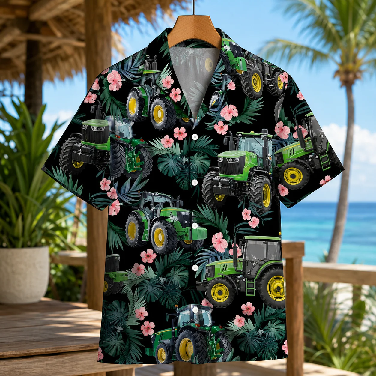 Green Tractor Tropical Floral Summer Beach - Hawaiian Shirt - Gift For Men, Dad, Farmer - Image 4