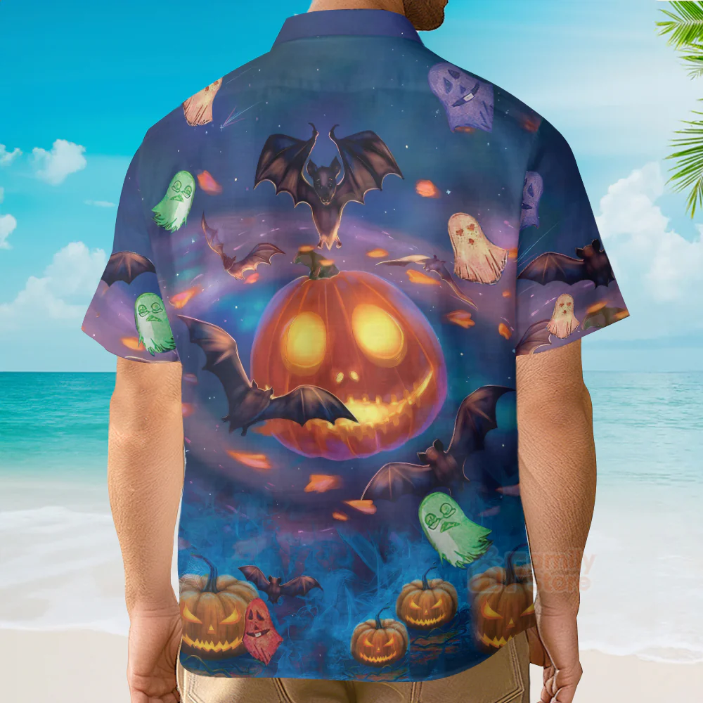 Halloween Glowing Pumpkins By Night With Bat - Hawaiian Shirt - Image 5