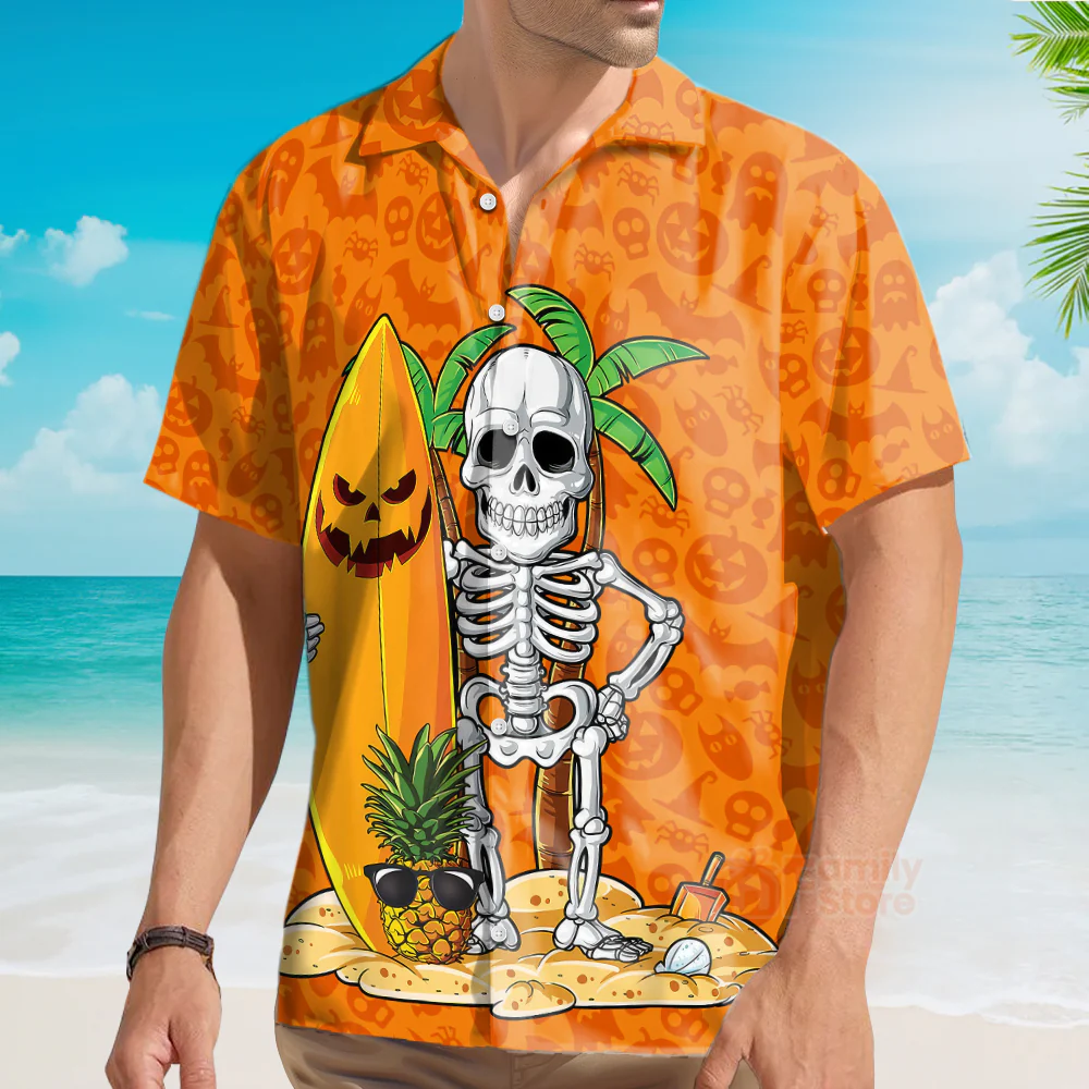 Halloween Hawaii Skeleton Surfing Hawaiian Shirt - Image 3