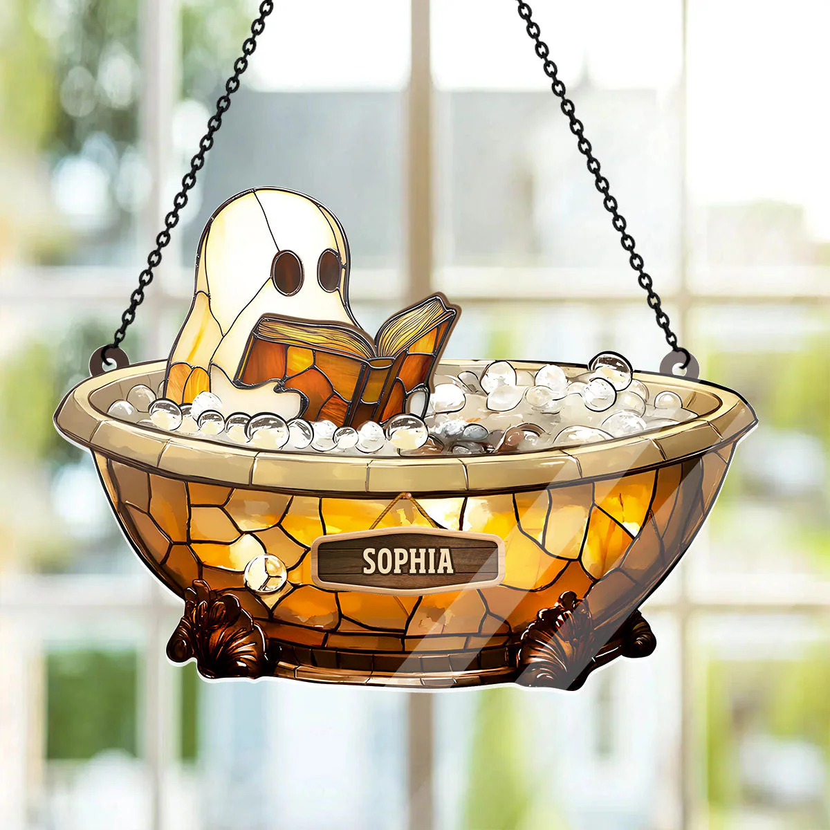Halloween Reading Book Lover - Personalized Window Hanging Suncatcher - Image 2