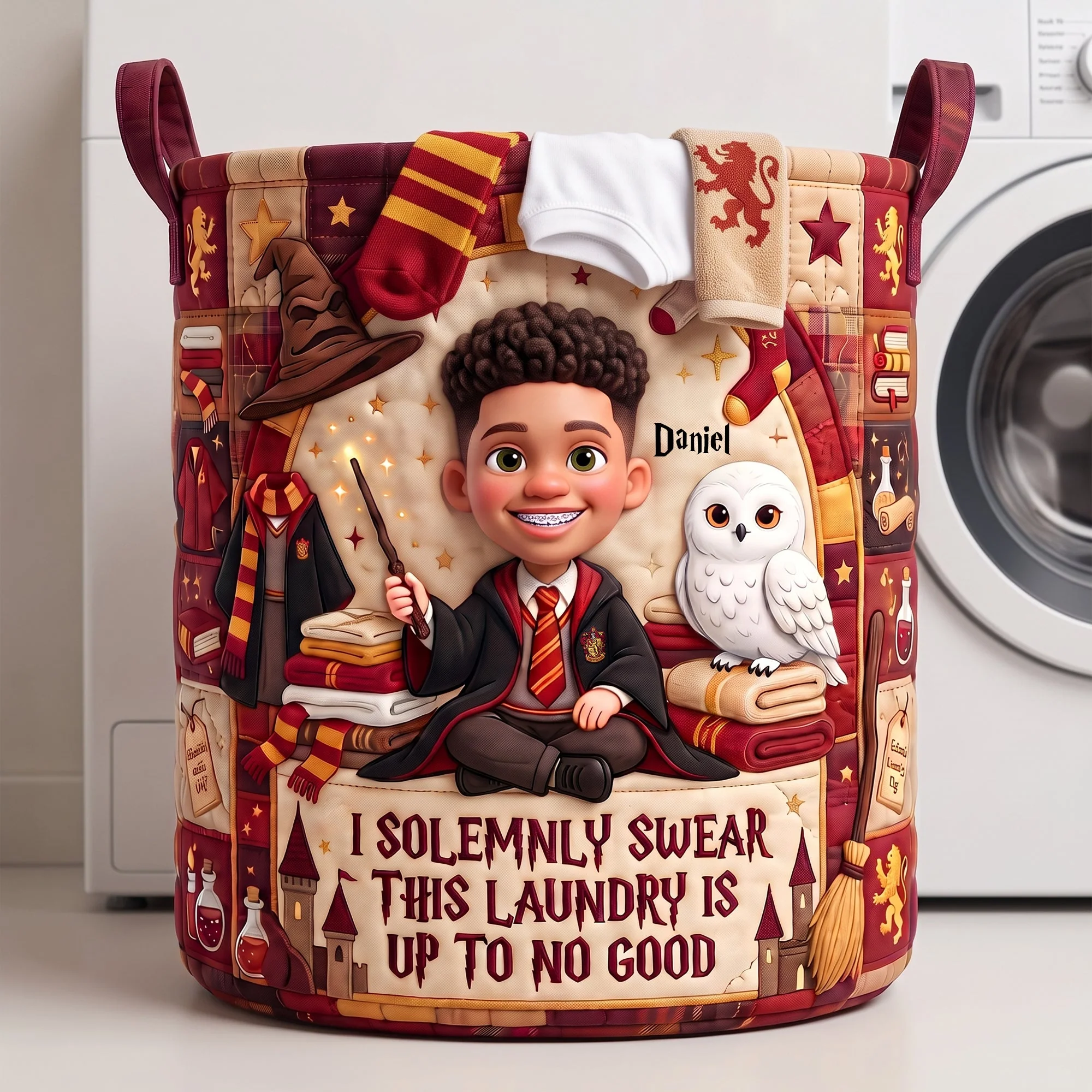HaPo Custom Photo Wizard And Witch This Laundry Is Up To No Good - Personalized Quilted Laundry Basket - Gift For Family - Image 2