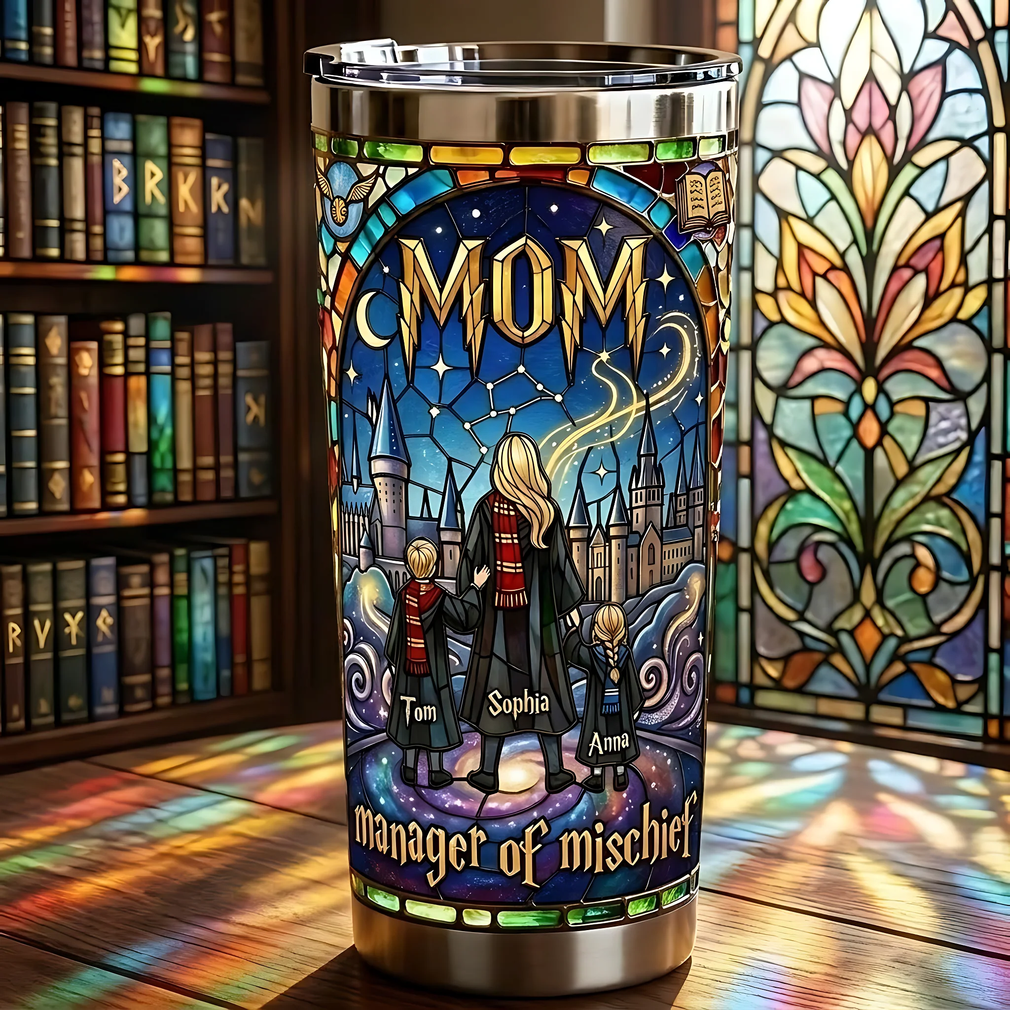 HaPo Mom Manager of Mischief Fantasy - Personalized Stained Glass Tumbler - Gifts For Mom - Image 3