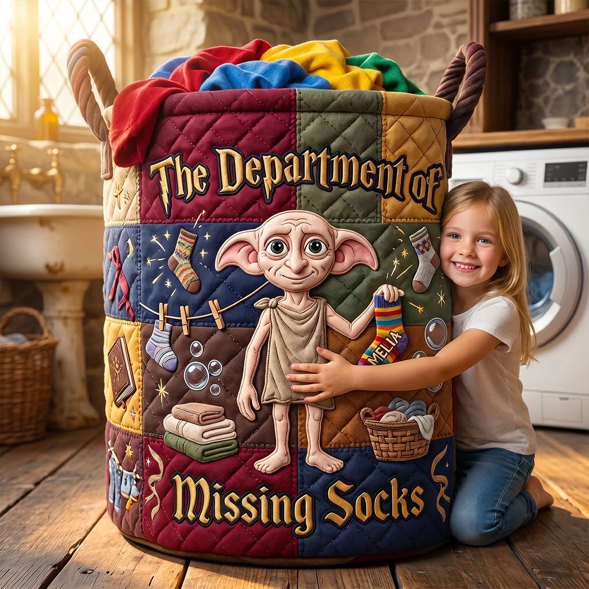 HaPo The Department Of Missing Socks - Personalized Quilted Laundry Basket - Gift For Family, Laundry Lovers