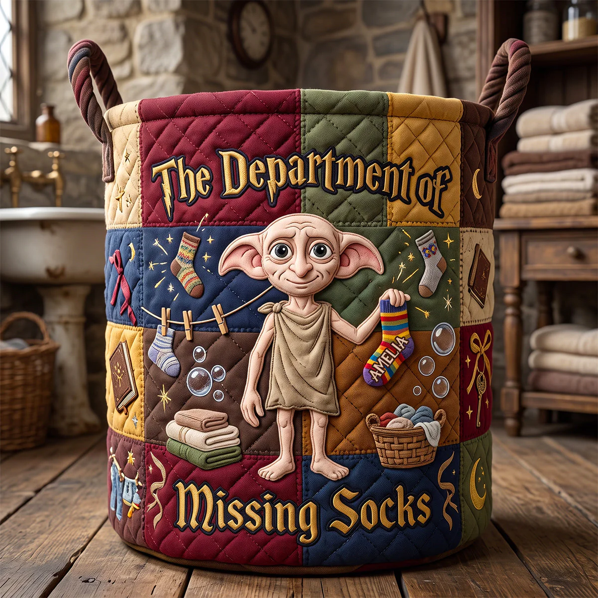 HaPo The Department Of Missing Socks - Personalized Quilted Laundry Basket - Gift For Family, Laundry Lovers - Image 2