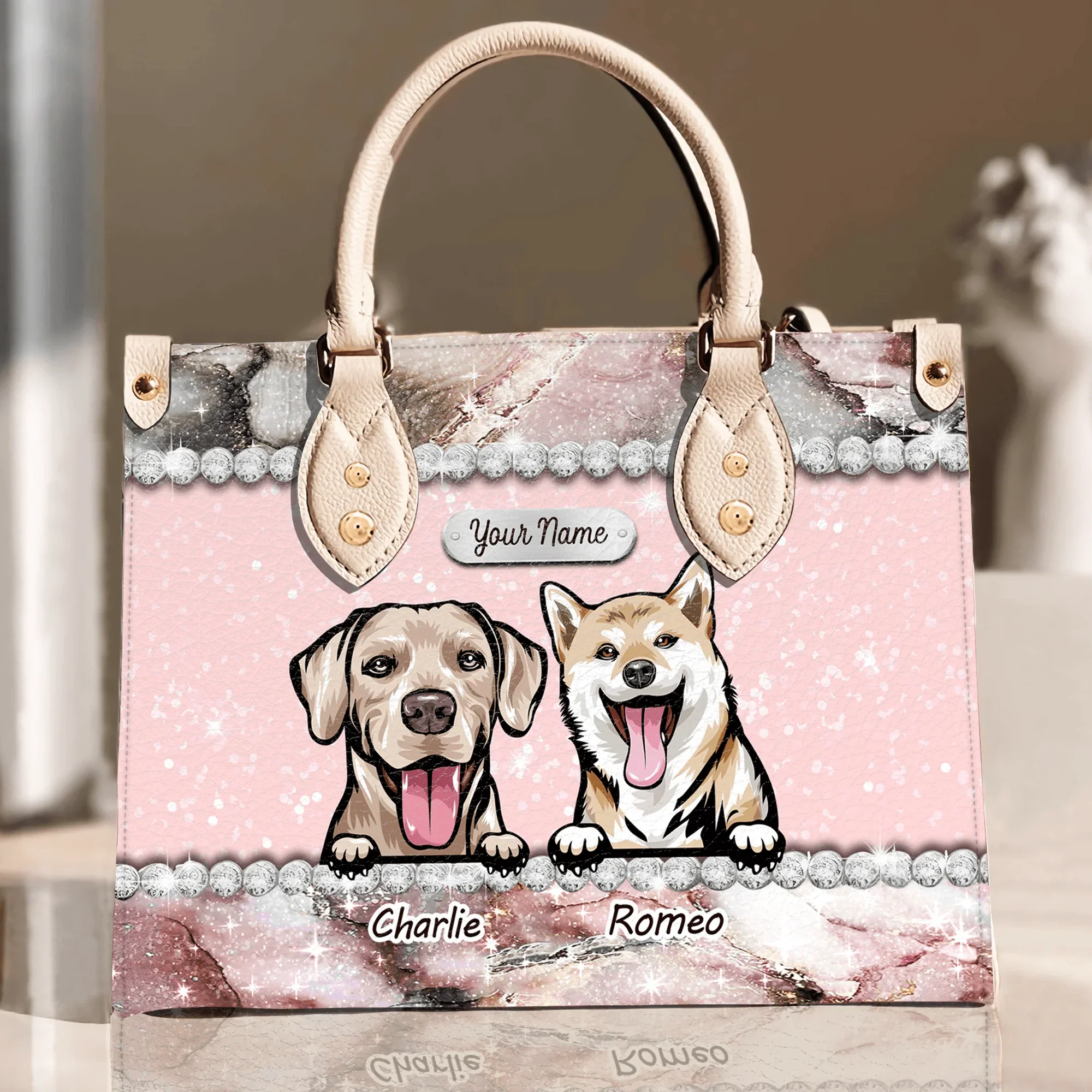 Happiness Is A Warm Puppy Rose Marble - Personalized Leather Handbag - Gift for Dog Lovers, Dog Mom | CLP13 NH96