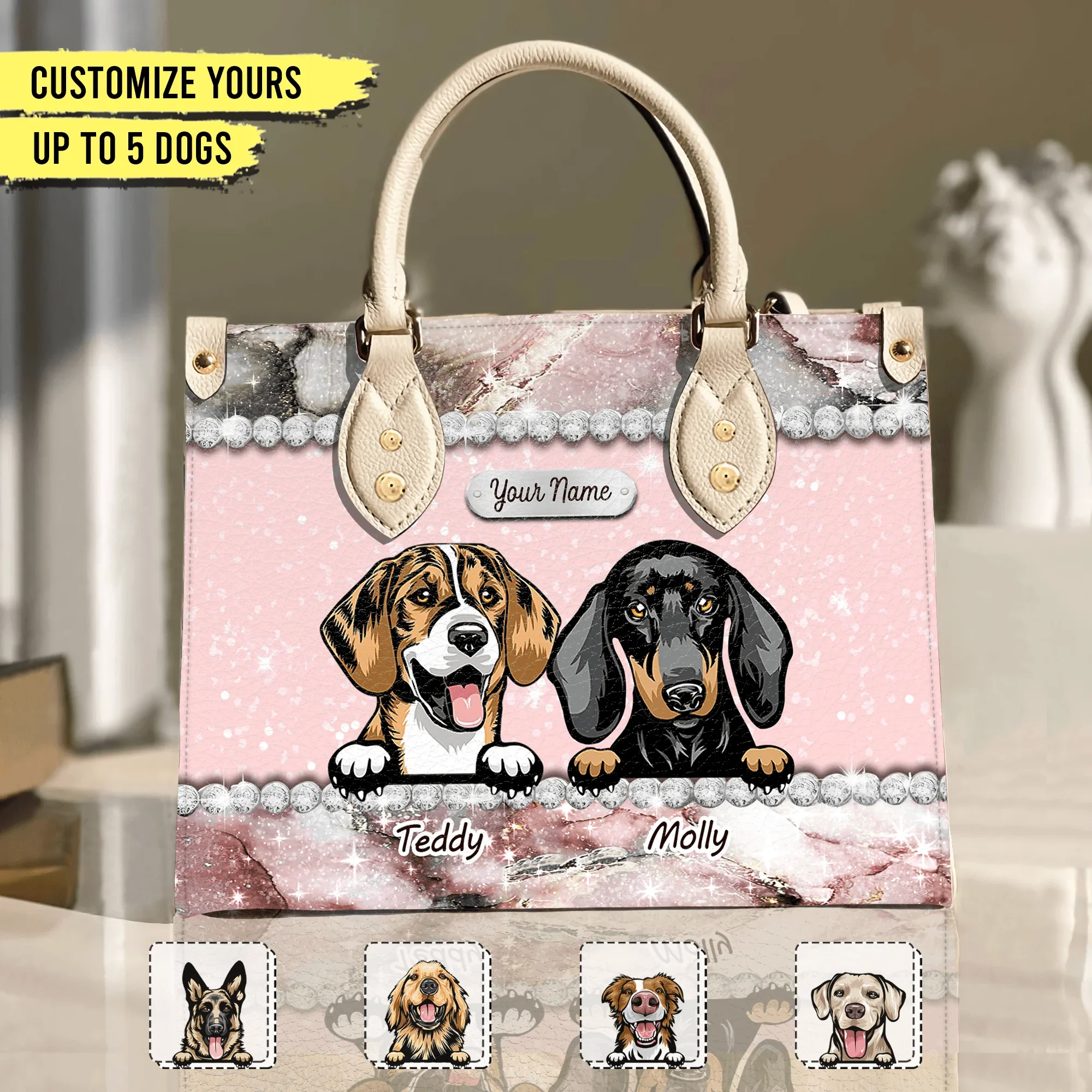 Happiness Is A Warm Puppy Rose Marble - Personalized Leather Handbag - Gift for Dog Lovers, Dog Mom | CLP13 NH96 - Image 2