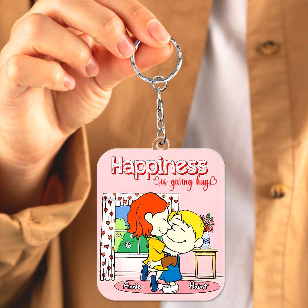 Happiness Is Giving Hug Peanut - Personalized Keychain - Gift For Couple, Husband Wife | GR8 NH96 - Image 2