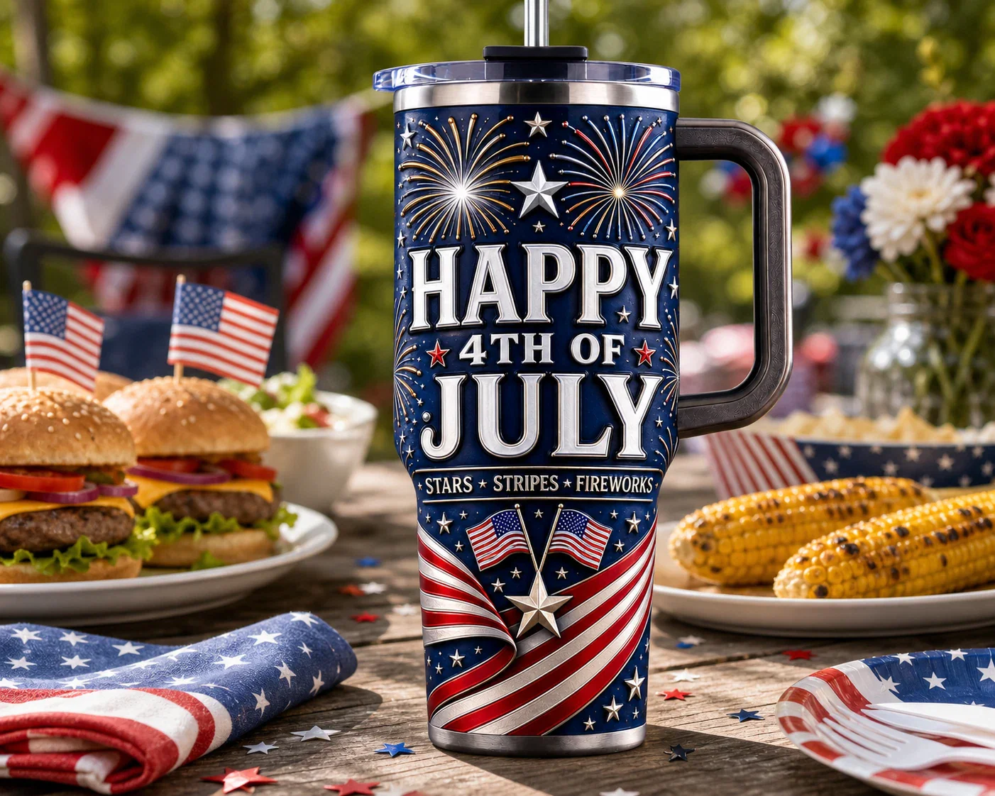 Happy 4th of July American Flag Stars Stripes Fireworks - Patriotic Tumbler - Gift For Patriots