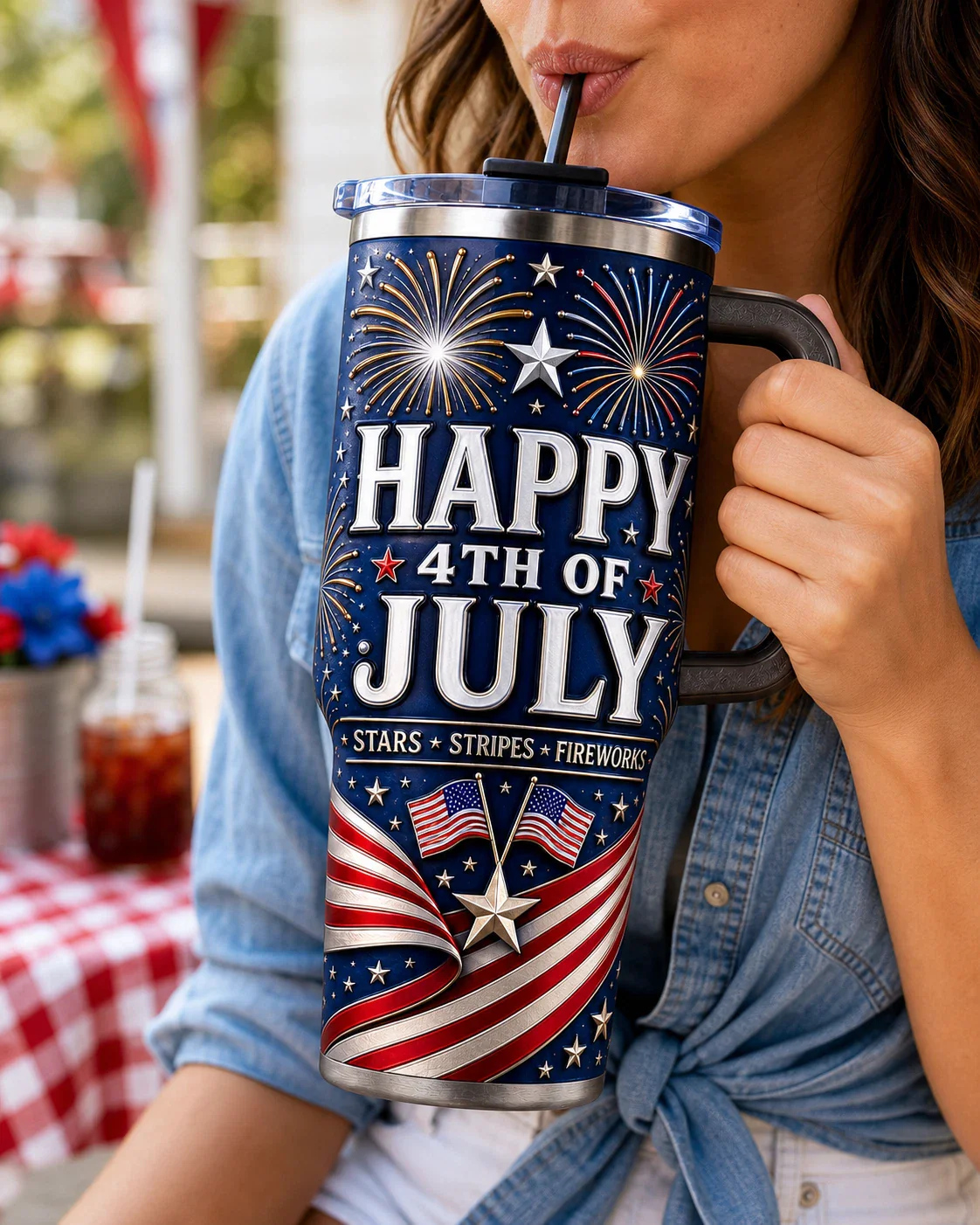 Happy 4th of July American Flag Stars Stripes Fireworks - Patriotic Tumbler - Gift For Patriots - Image 2